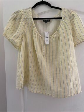 J. Crew Pale Yellow Striped Short Sleeve Peasant Blouse